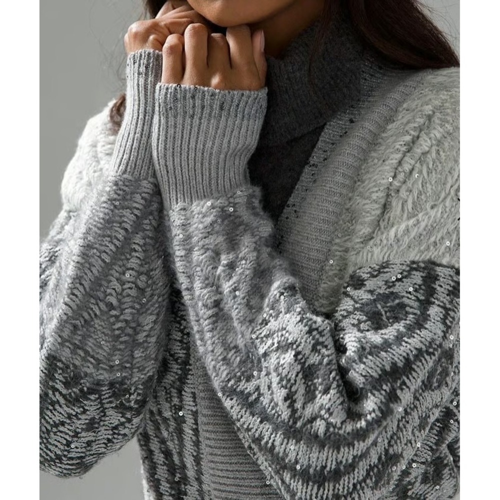 White House Black Market Fair Isle Sequin Cardigan Sweater Women's L Gray Boho - Picture 2 of 14